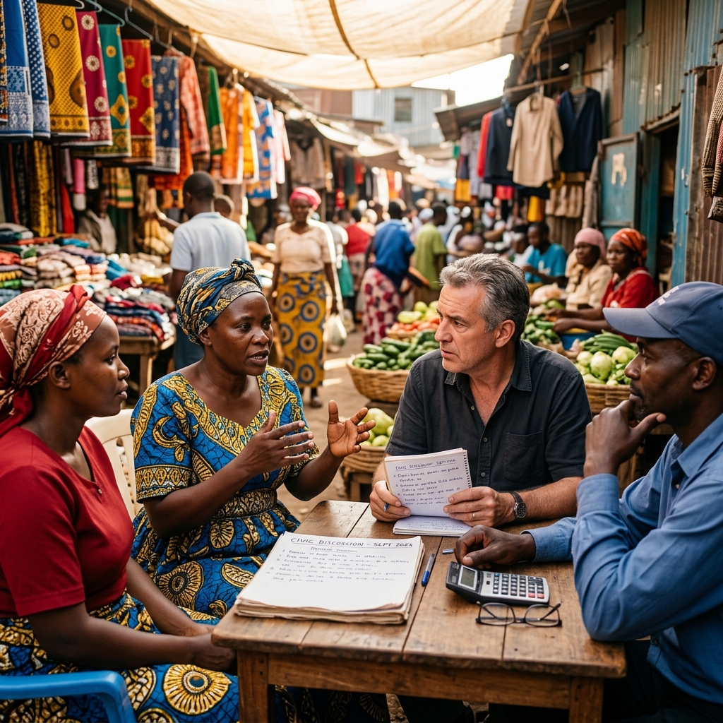 A vibrant Kenyan marketplace where citizens discuss the latest fiscal policies and economic impact.