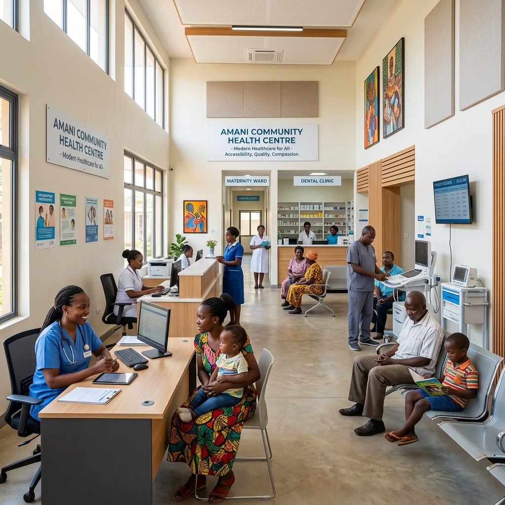 A healthcare facility in Kenya surrounded by open landscape.