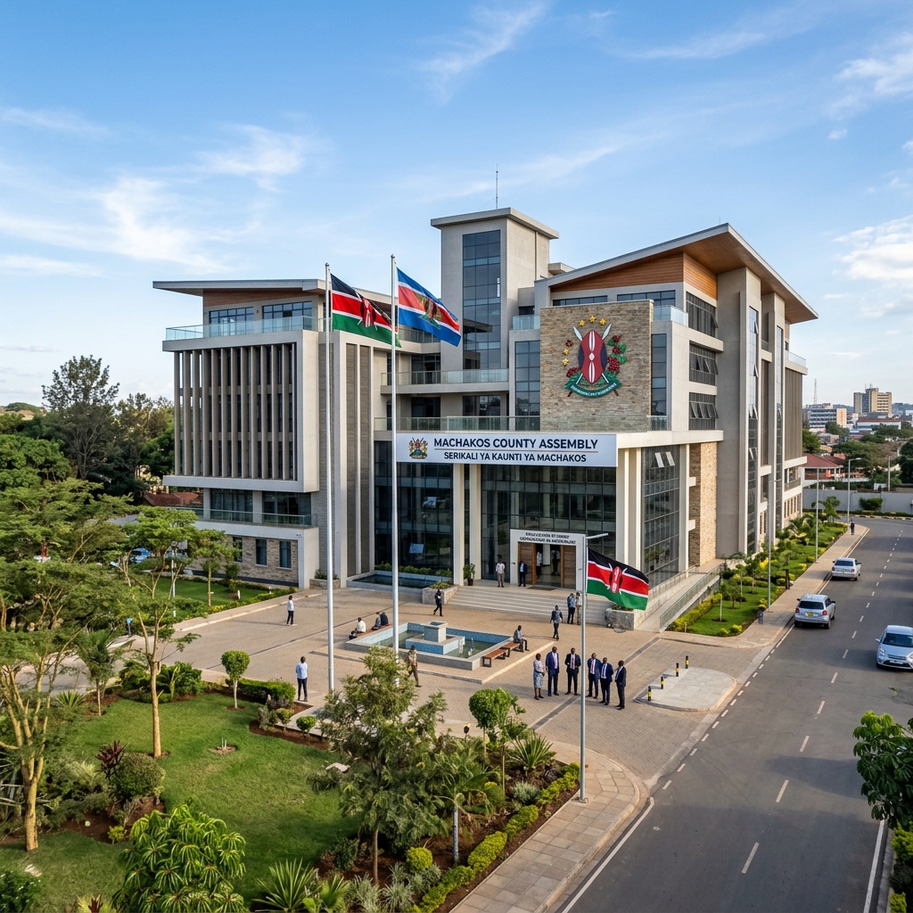 A modern Kenyan county assembly building, representing local governance and institutional delivery.
